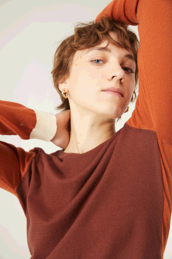 Close up photo model wears brown block colour jumper