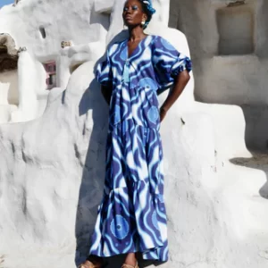Model wears blue cotton print long dress